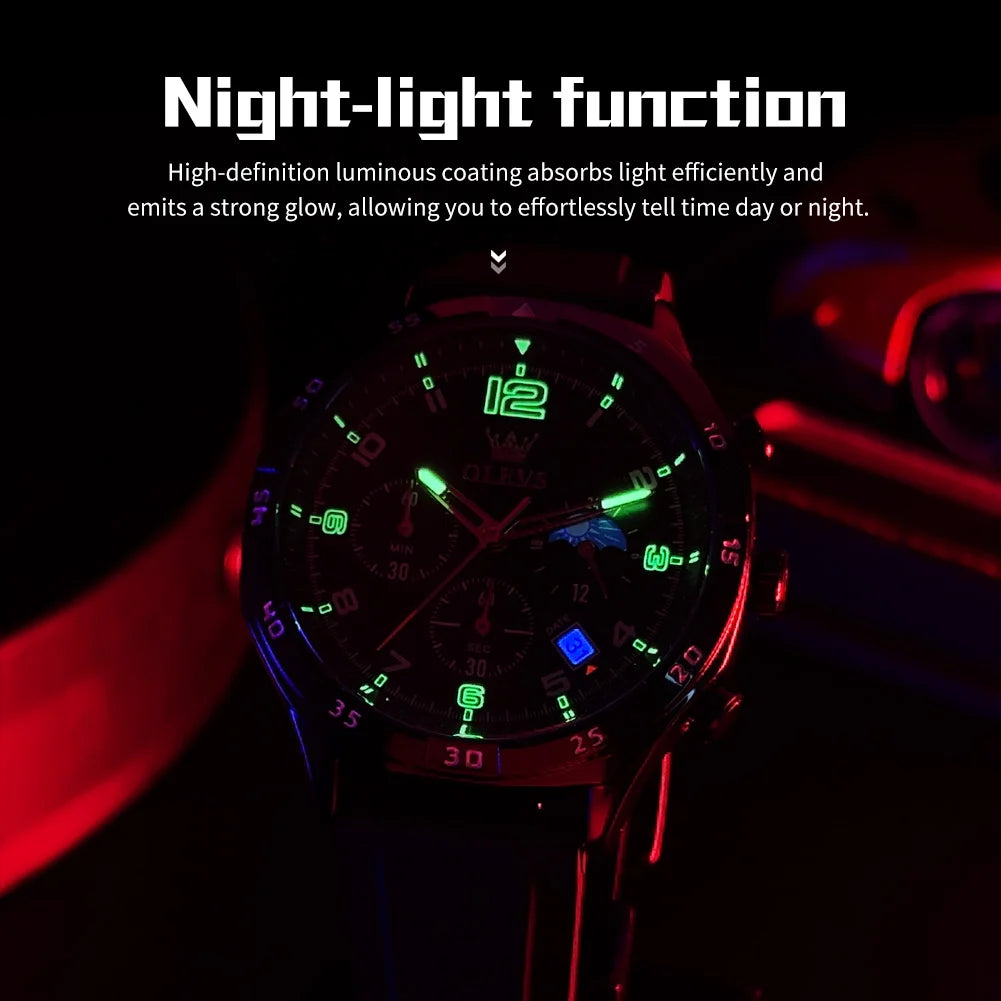 OLEVS 2986 Herrenuhr 42MM Mondphase Datum Quarzuhr für Herren Ziffernskala Wasserdichtes Silikonarmband Uhr Original