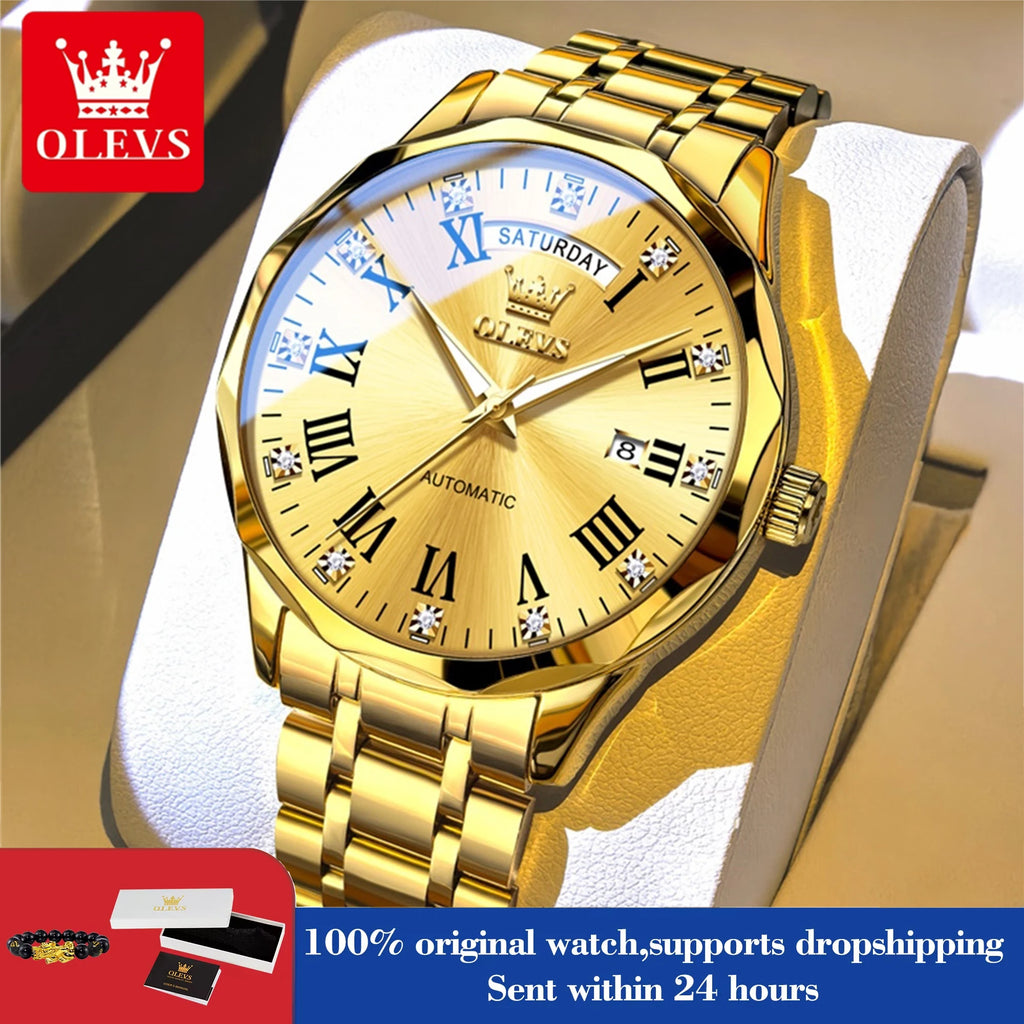 OLEVS 6780 Luxury Business Men's Automatic Mechanical Watch Roman Numerals Dual Calendar Watches Waterproof Stainless Steel