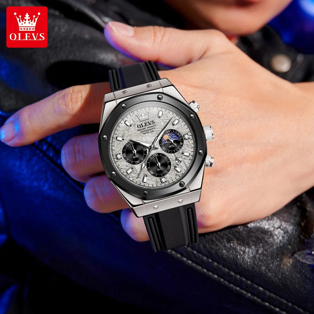 OLEVS 9911 Man Quartz Watch Big Dial Chronograph Watch For Men Moonswatch Date Fashion Waterproof Male Hand Clock Silicone Strap