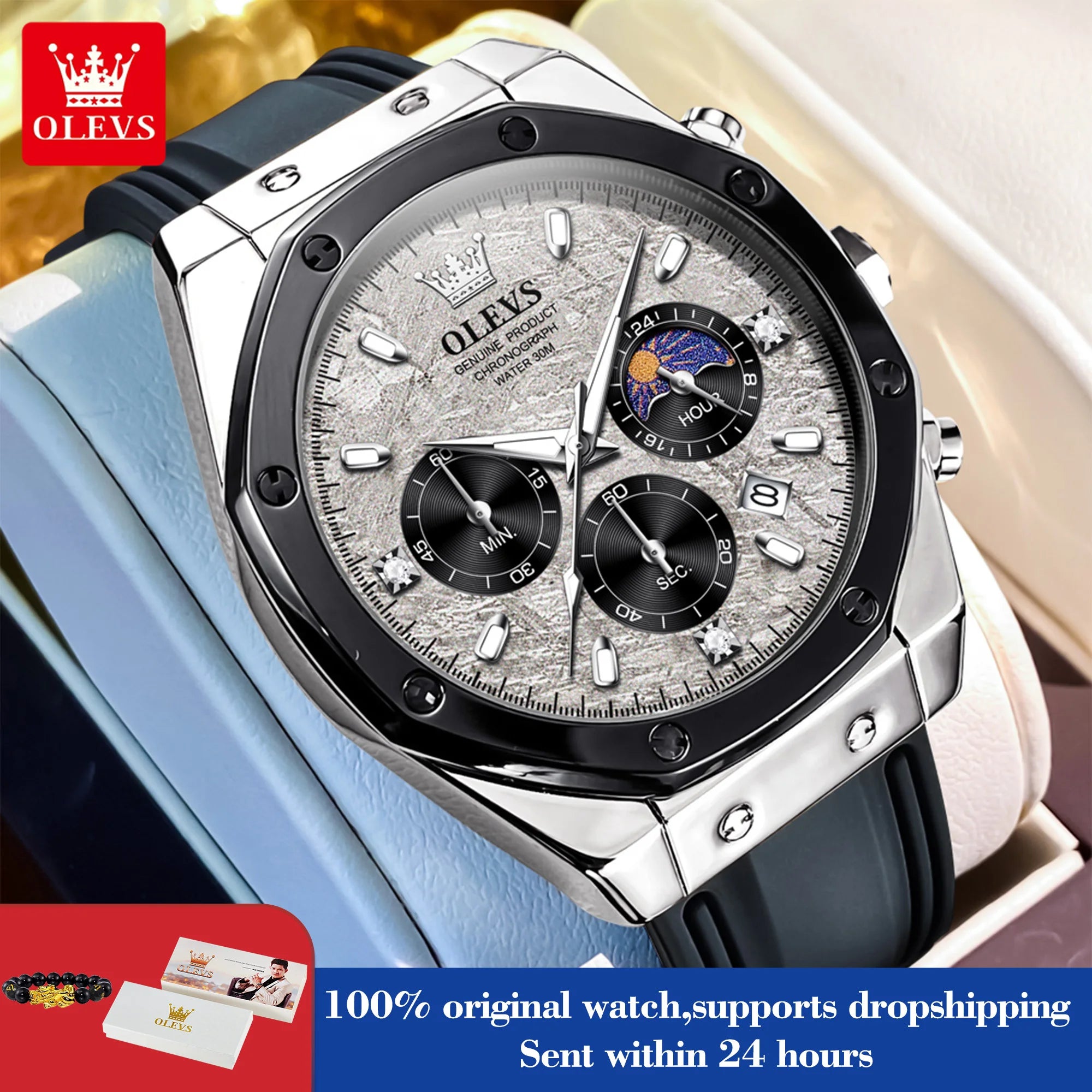 OLEVS 9911 Man Quartz Watch Big Dial Chronograph Watch For Men Moonswatch Date Fashion Waterproof Male Hand Clock Silicone Strap