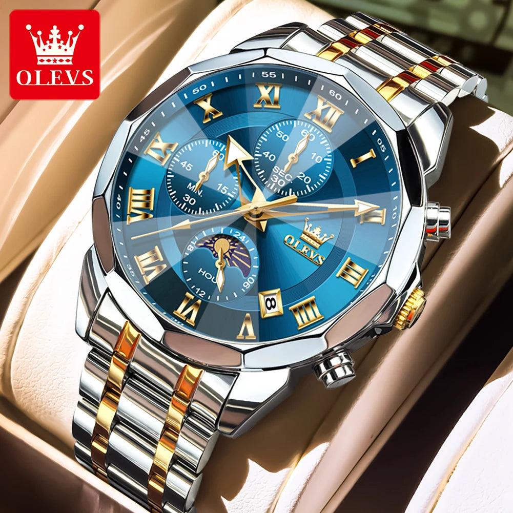 OLEVS 3675 Uhr für Herren, römische Ziffern, luxuriöses Rhombus-Spiegel-Chronograph, Herren-Armbanduhr, Mondphase, Datum, wasserdichte Quarzuhr