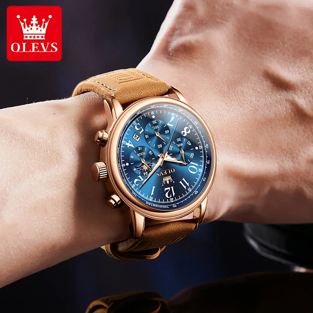 OLEVS 2912 Sport Chronograph Quarz-Uhr für Herren Mondphase Ziffer 43mm Großes Zifferblatt Herrenuhren Wasserdicht Original Armbanduhr