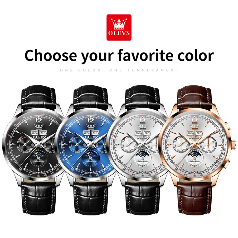 OLEVS 7128 Men's Watch Luxury Classic Automatic Mechanical Wristwatch Waterproof Perpetual Calendar Moon Phase Watches For Men