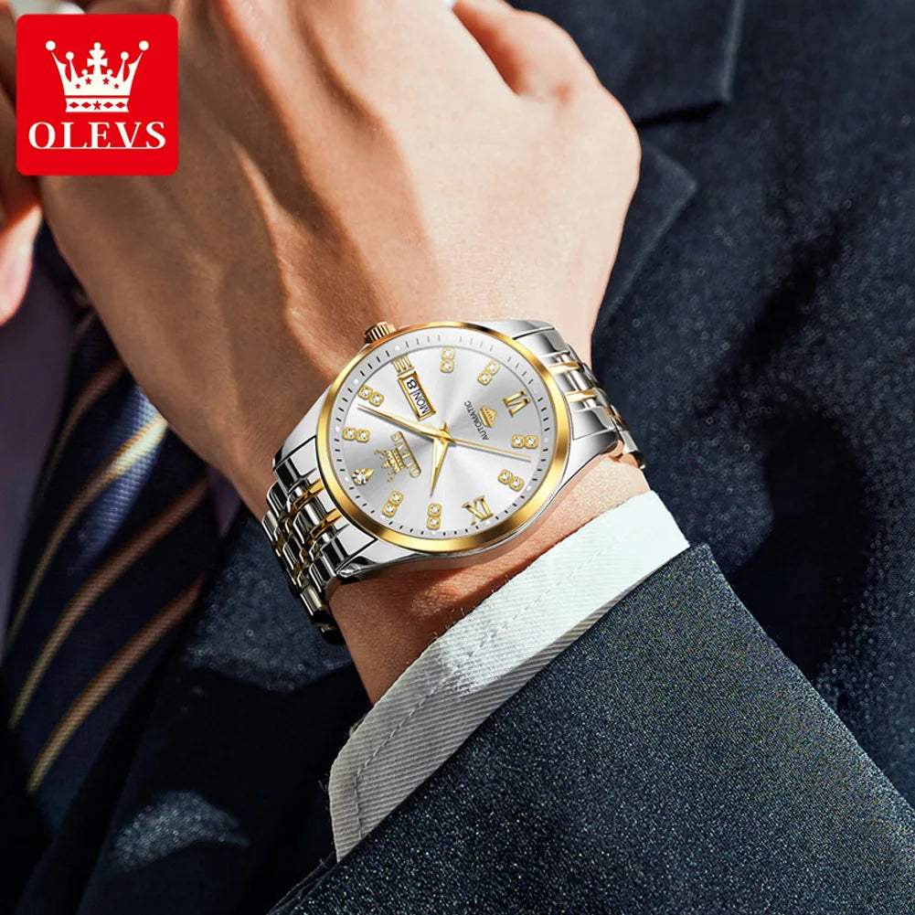 OLEVS 9801 Men Watch Waterproof Dual Calendar Luxury Mechanical Watch For Men Diamond Scale Stainless Steel Automatic Hand Clock