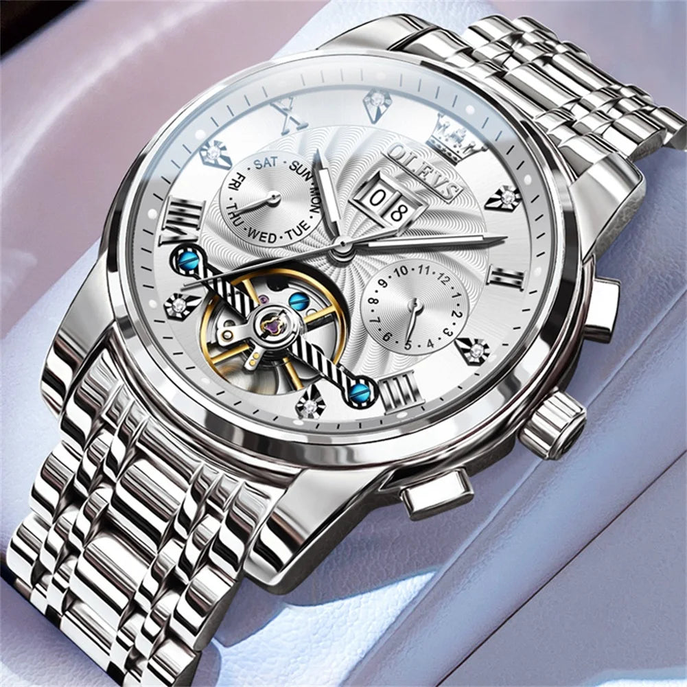 OLEVS 9910 Watch for Men Automatic Mechanical Men's Wristwatches Luxury Skeleton Stainless Steel Waterproof Original Man Watch