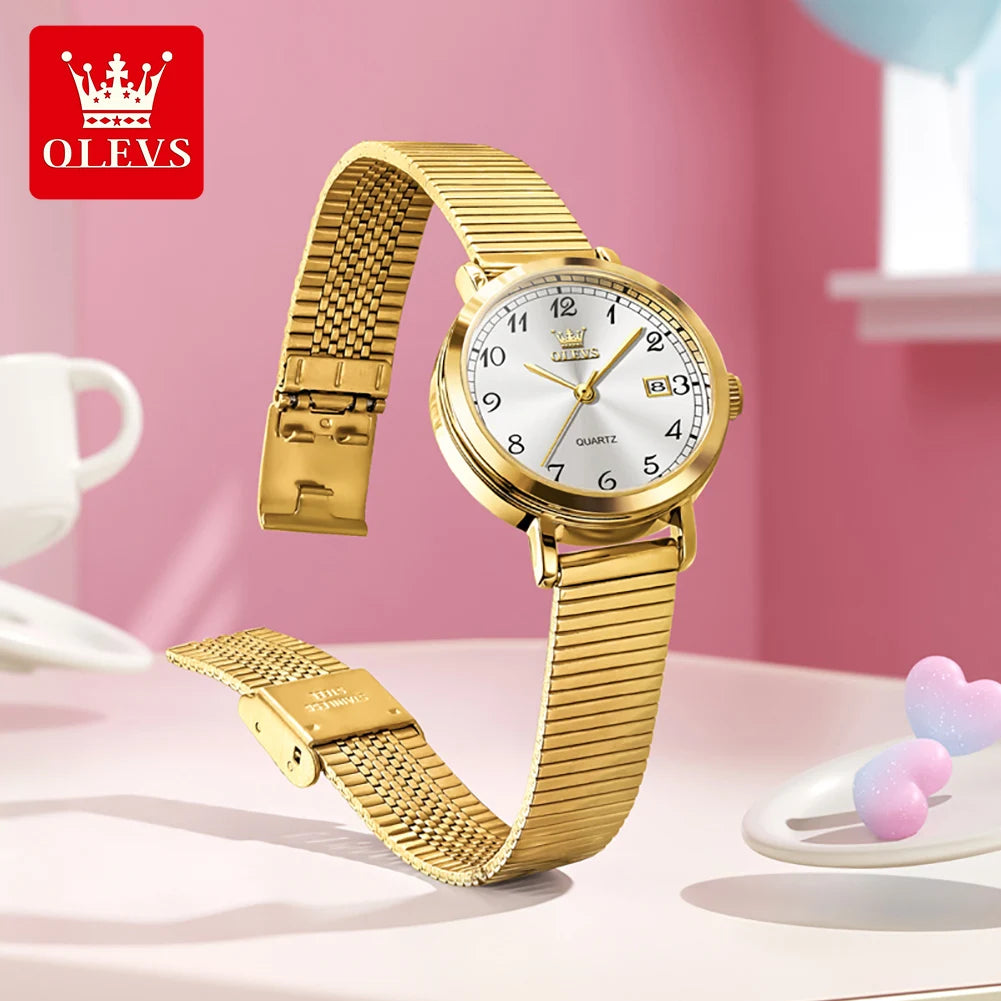 OLEVS 7130 Watches for Women Elegant Mesh Strap Quartz Wristwatch 9.5mm Thin Case Waterproof Auto Date Ladies Clock