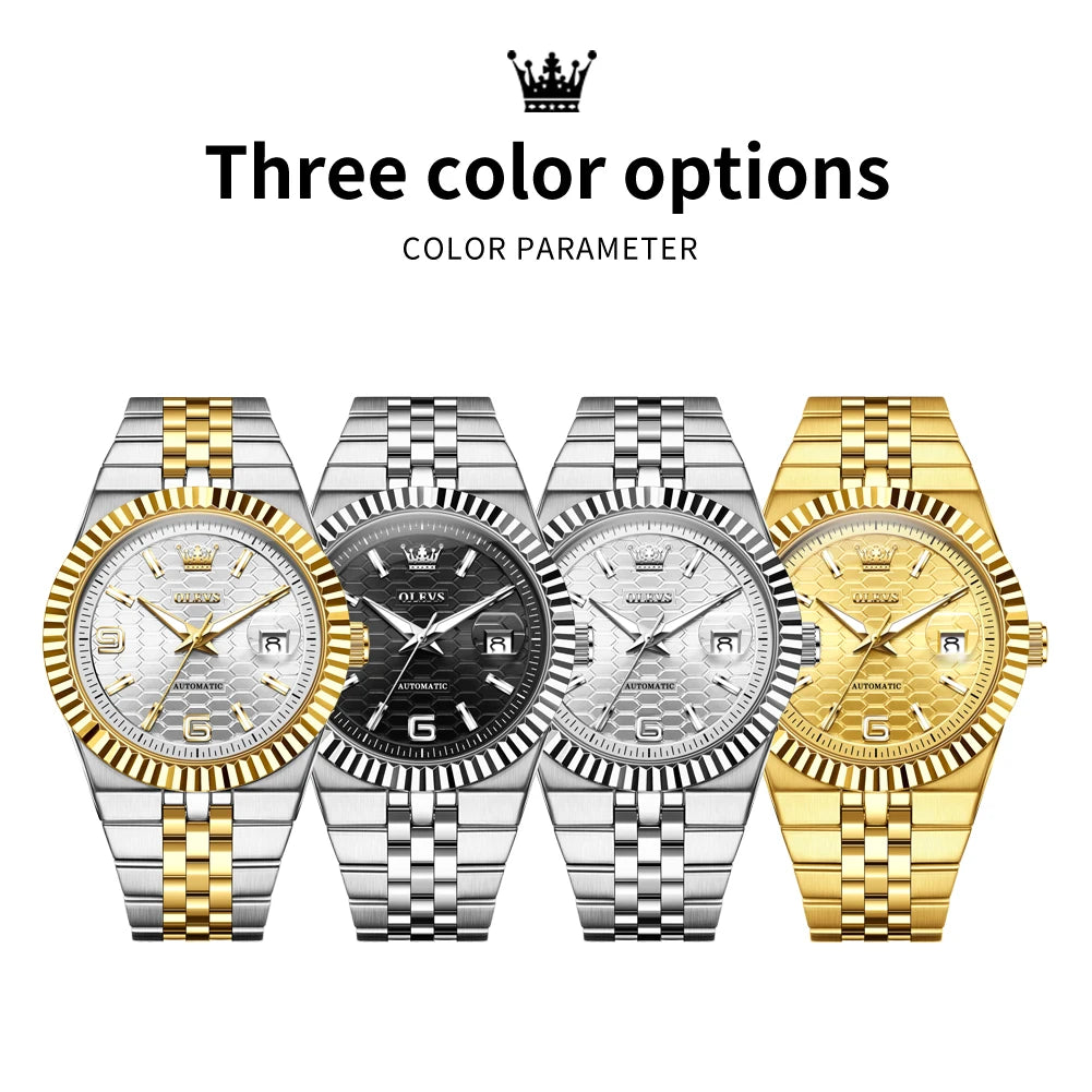 OLEVS 7105 Mens Watch Original Luxury Automatic Mechanical Watches Stainless Steel Waterproof Luminous Date Watches Gifts Box