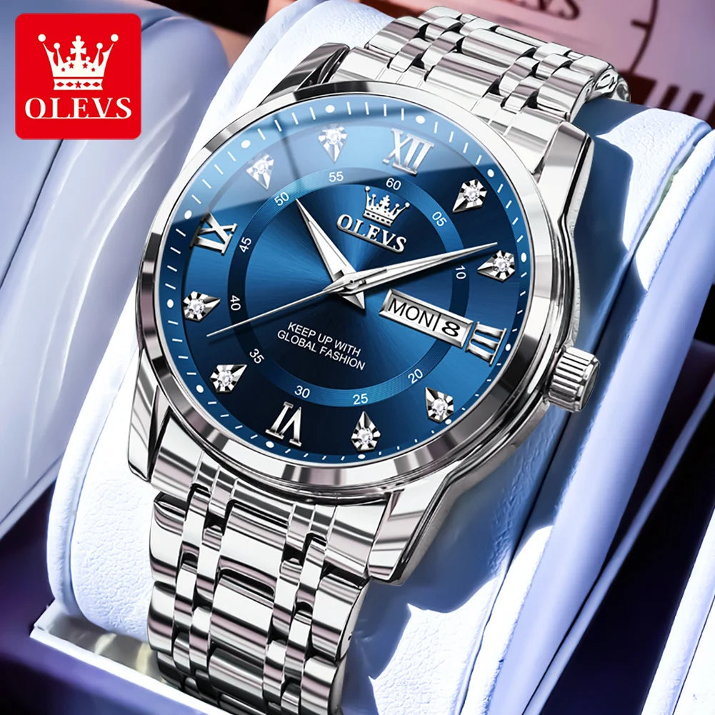 OLEVS 5513 Armbanduhr Herren Dual-Kalender Mode Quarzuhr Für Männer Diamant-Skala Edelstahl Luxus Herren Armbanduhr Wasserdicht