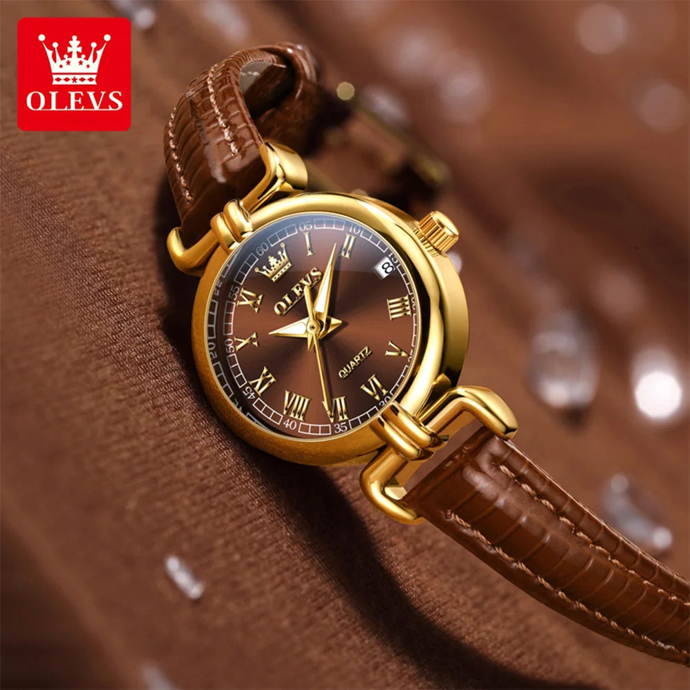 OLEVS 5645 Women's Watch Leather Strap Date Quartz Watch For Women High Hardness Mirror Roman Scale Fashion Ladies Hand Clock