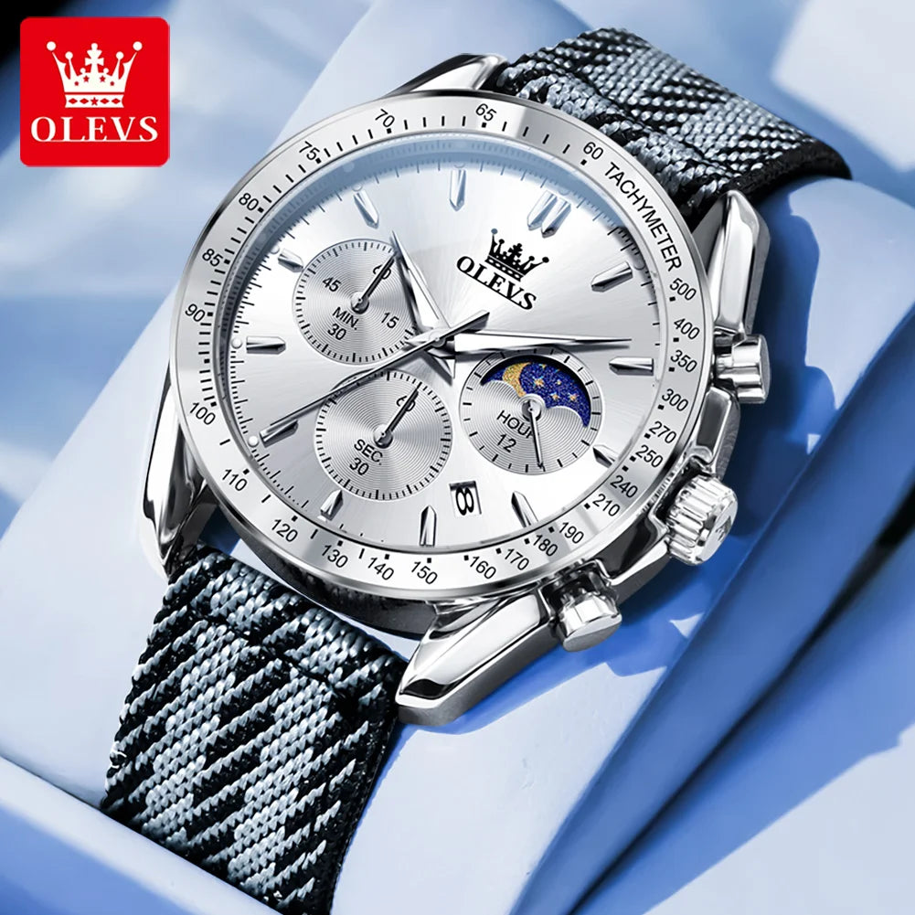 OLEVS 3630 Quarz Herrenuhr Datum Chronograph 24-Stunden-Mondphase Wasserdichte Uhr für Herren Mode Nylonarmband Original Armbanduhr
