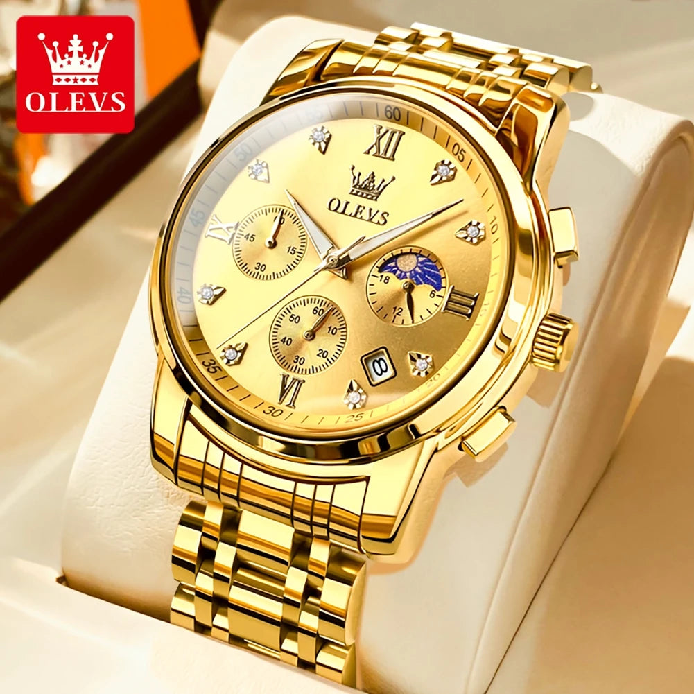 OLEVS 2858 Herrenuhr Diamantzifferblatt Mondphase Quarzuhr für Herren Edelstahl Wasserdicht Top-Marke Luxus Herren-Armbanduhr