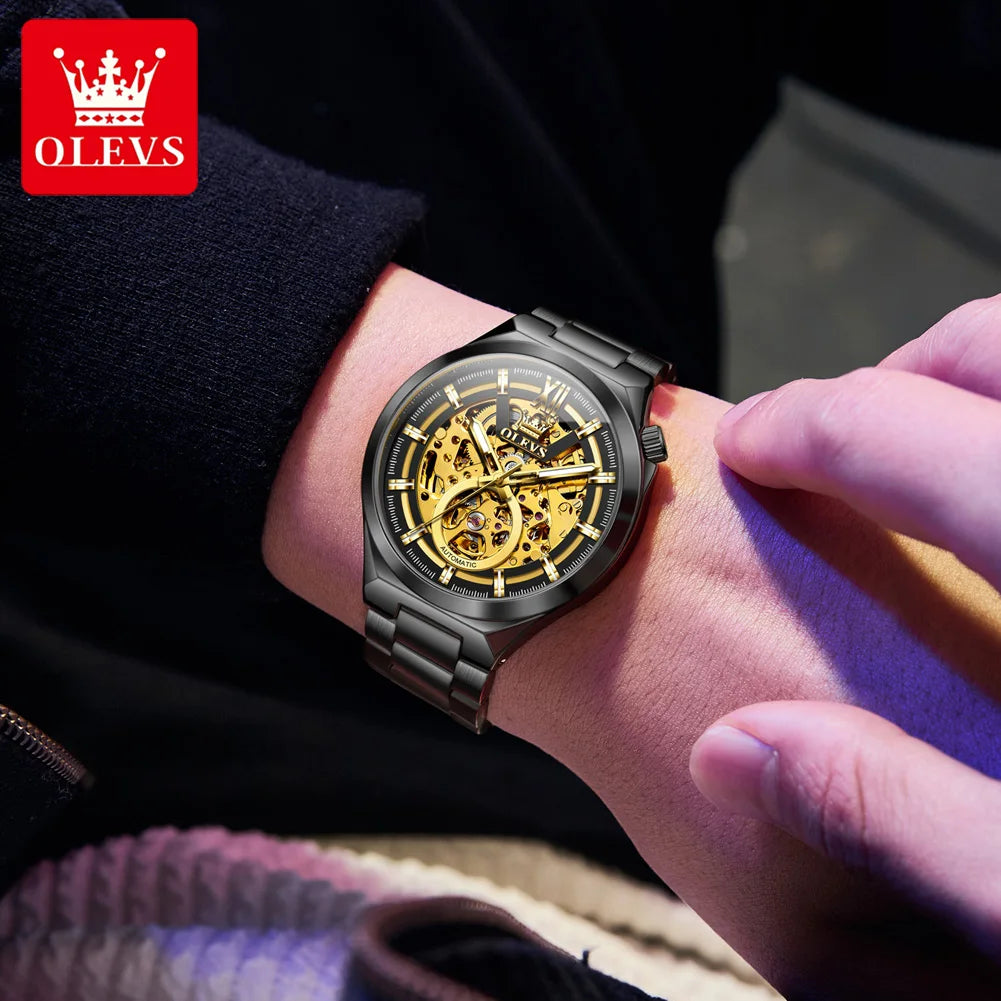 OLEVS 6722 Erkek Saati Moda Orijinal İçi Boş Otomatik Mekanik El Saati Üst Marka Su Geçirmez Işıklı Lüks Erkek Saati