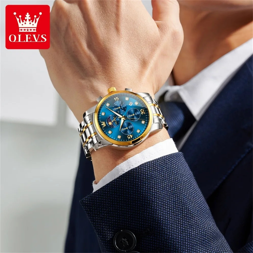 OLEVS 3652 Herrenuhr Ziffernskala Quarzuhr für Herren Chronograph Mondphase Datum Luxus Wasserdicht Leuchtende Herrenarmbanduhr