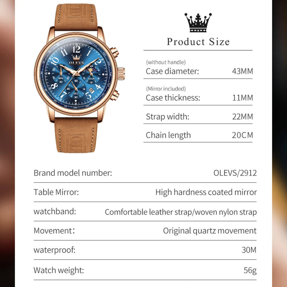 OLEVS 2912 Sport Chronograph Quarz-Uhr für Herren Mondphase Ziffer 43mm Großes Zifferblatt Herrenuhren Wasserdicht Original Armbanduhr
