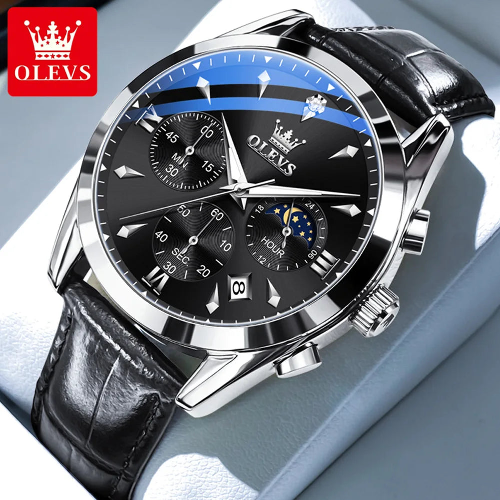 OLEVS 3609 Armbanduhr für Herren, modisch, Kalender, wasserdicht, leuchtend, für Herren, Chronograph, Mondphase, Quarz, Business-Herrenuhren