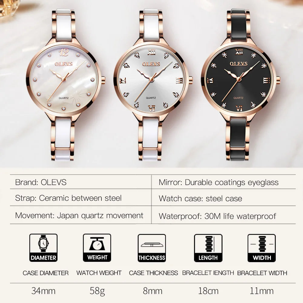 OLEVS 5872 Woman's Watch Fashion Elegant Quartz Movement Watch For Women Ceramic Steel Strap Waterproof Ladies Clock Reloj
