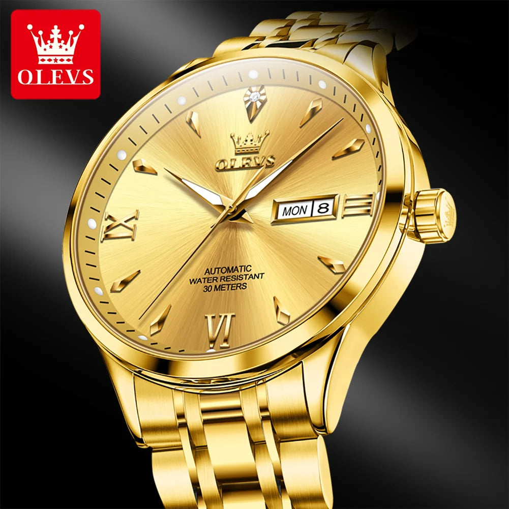 OLEVS 9956 Man Watch Steel Strap Luxury Mechanical Watch For Men Original Fashion Waterproof Automatic Hand Clock Dual Calendar