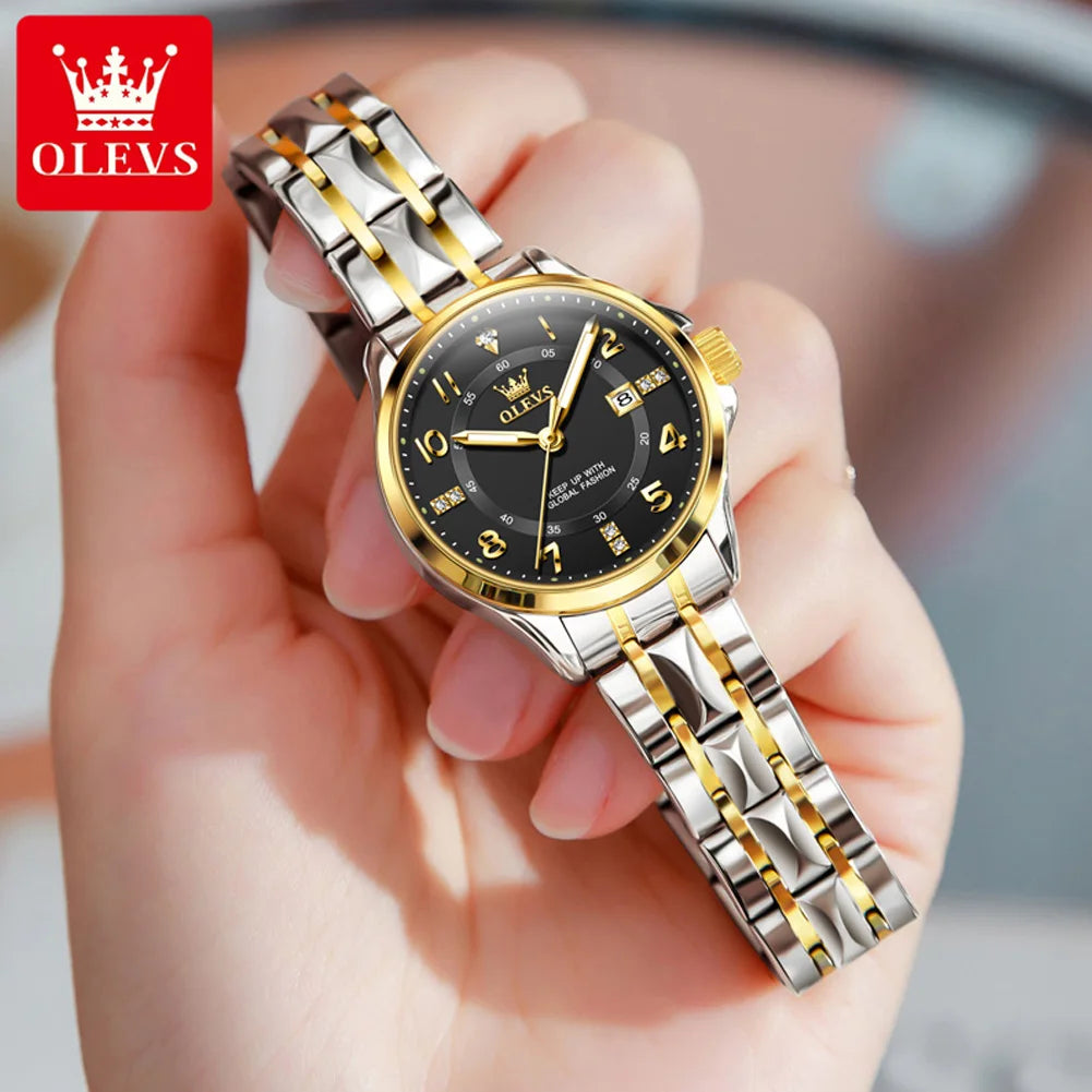 OLEVS 2910 Quarzuhr für Damen Edelstahl Wasserdicht Kalender Luxus Damenuhr Zifferblatt mit Nummernskala Damenuhren