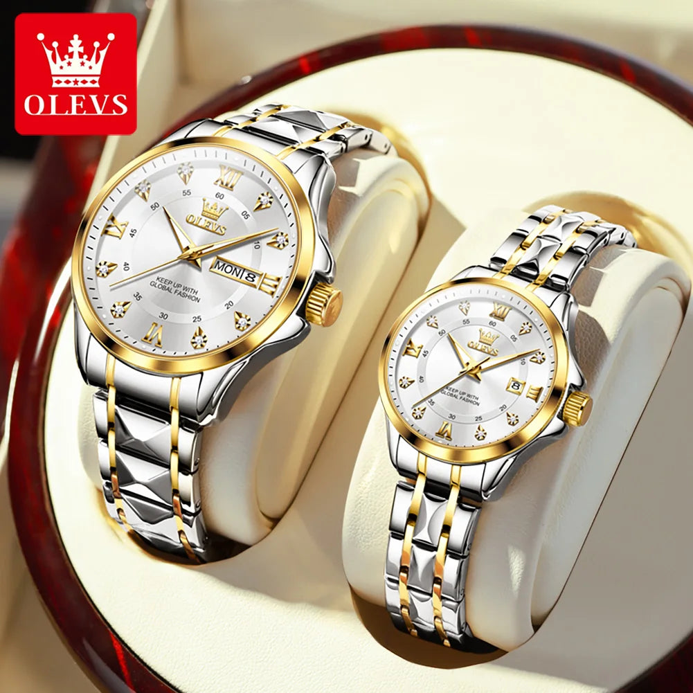 OLEVS 2906 Paar-Armbanduhr Original Römisches Zifferblatt Diamantenbesatz Luxus Quarz Uhr Für Herren Damen Rhombus Armband Wasserdicht Zeigeruhr