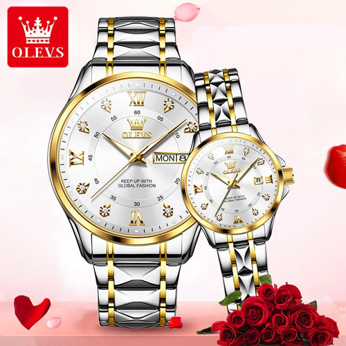 OLEVS 2906 Paar-Armbanduhr Original Römisches Zifferblatt Diamantenbesatz Luxus Quarz Uhr Für Herren Damen Rhombus Armband Wasserdicht Zeigeruhr