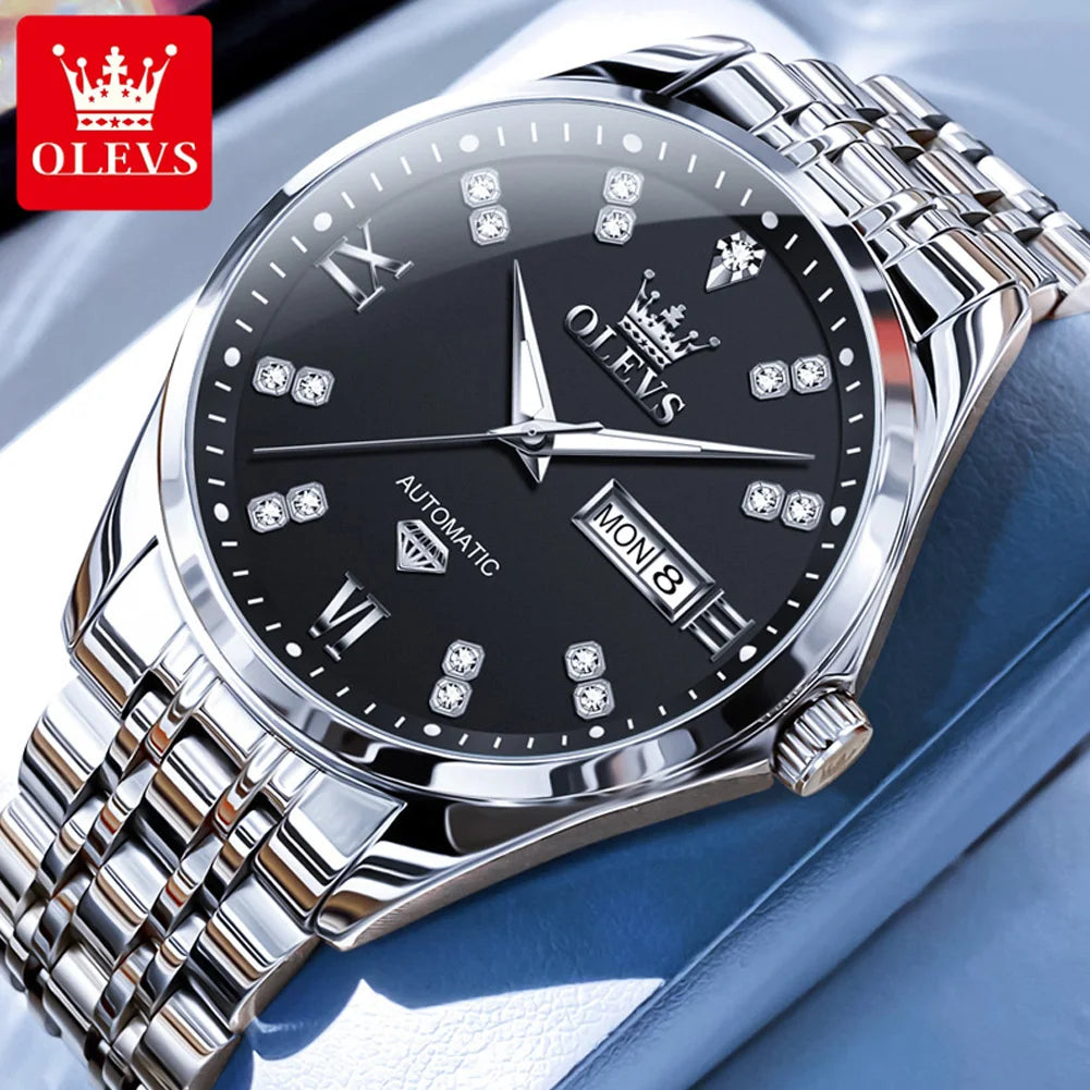 OLEVS 9801 Men Watch Waterproof Dual Calendar Luxury Mechanical Watch For Men Diamond Scale Stainless Steel Automatic Hand Clock