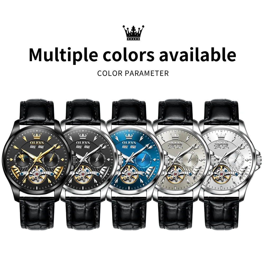 OLEVS 7103 Men's Watch Flywheel Automatic Mechanical Wristwatch Waterproof Perpetual Calendar Moon Phase Watches For Men Classic
