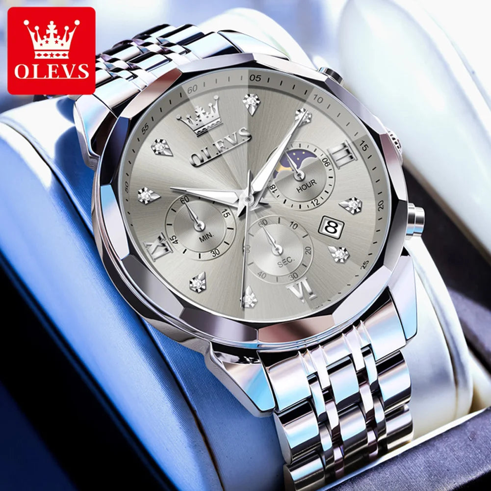 OLEVS 3670 Herrenuhr Mode Datum Mondphase Leuchtende Quarzuhr für Herren Luxus Chronograph Wasserdicht Business-Armbanduhr