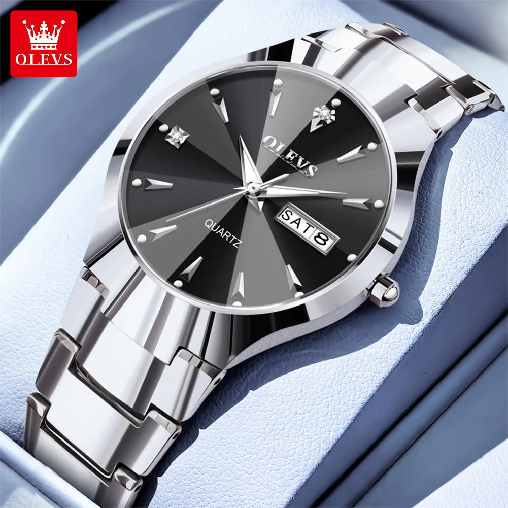 OLEVS 8697 Men's Watch Top Brand Luxury Dual Calendar Quartz Watch For Men Rhombus Mirror Tungsten Steel Strap Man Hand Clock