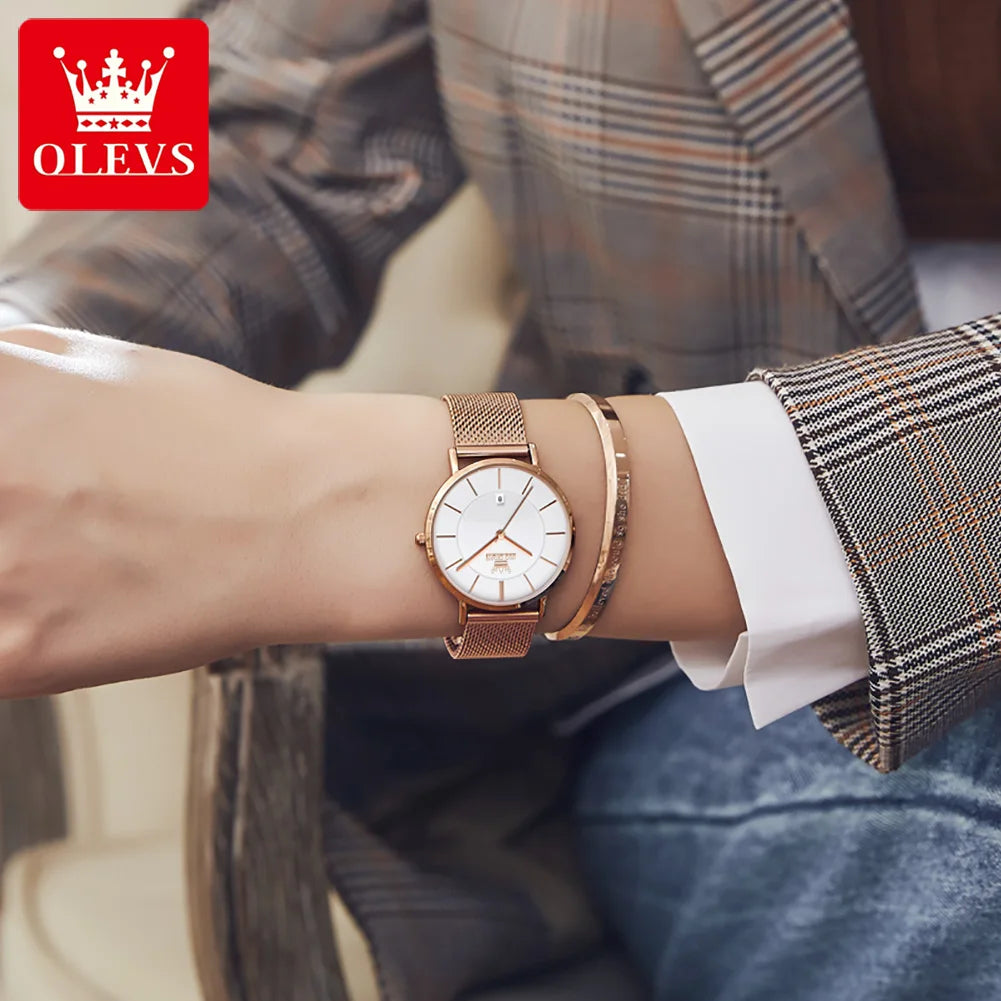 OLEVS Kadın Saati Japon Kuvars Mekanizma 6.5mm Kasa Kalınlığı Su Geçirmez Kadın Kol Saati Takvim Moda Elbise Kol Saati