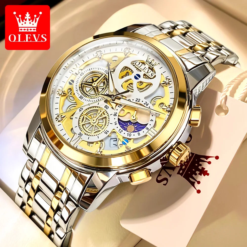 OLEVS 9947 Original Classic Skeleton Quartz Watches For Man Brand Waterproof Stainless Steel Calendar Man Hand Clock Male Watch