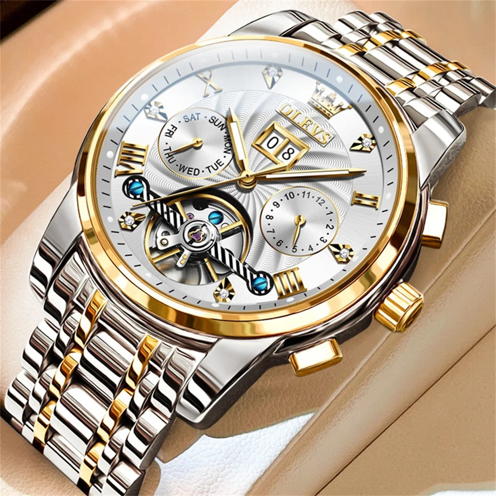 OLEVS 9910 Watch for Men Automatic Mechanical Men's Wristwatches Luxury Skeleton Stainless Steel Waterproof Original Man Watch