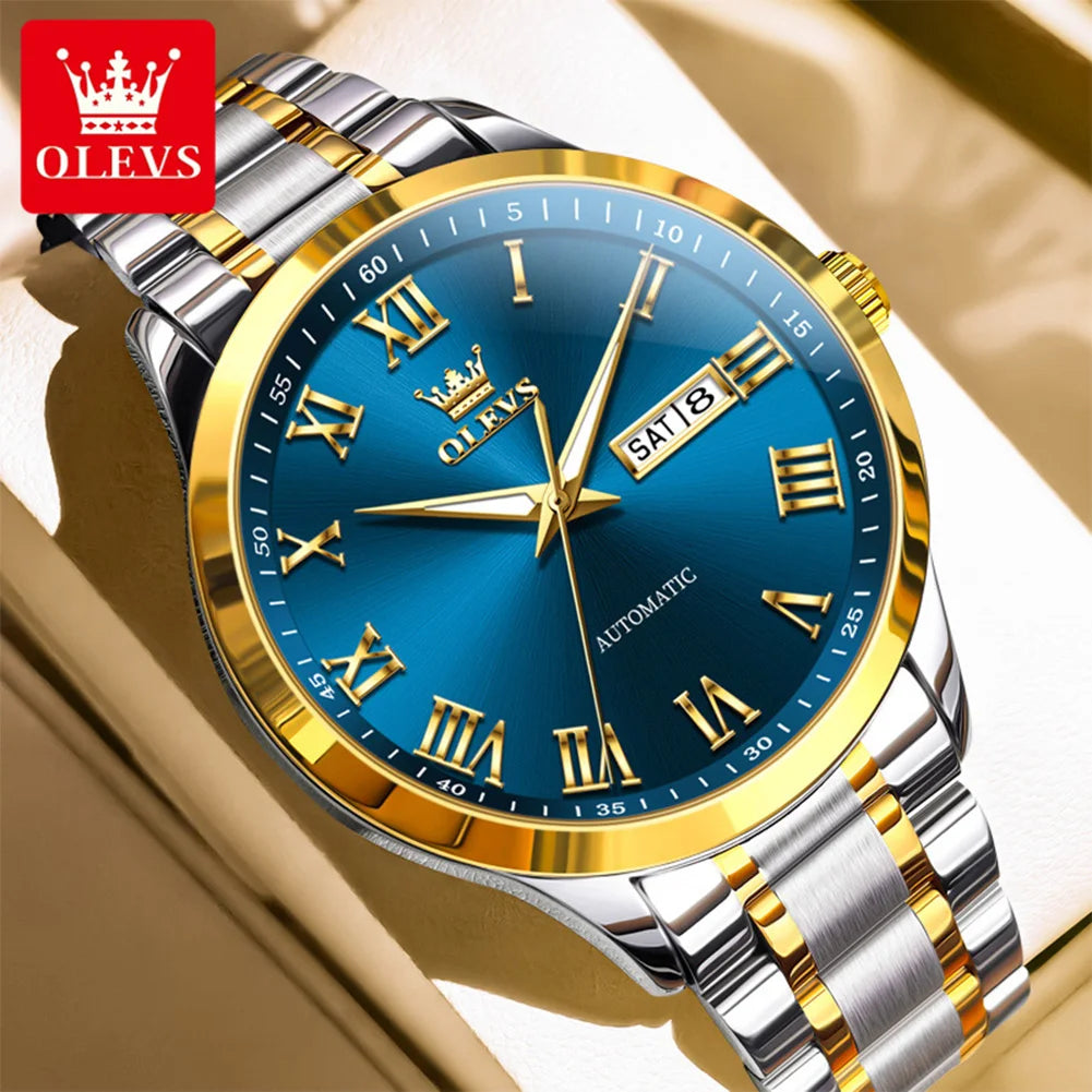 OLEVS 7075 Watches For Man Luxury Original Mechanical Watch For Men Week Calendar Waterproof Automatic Hand Clock Steel Strap