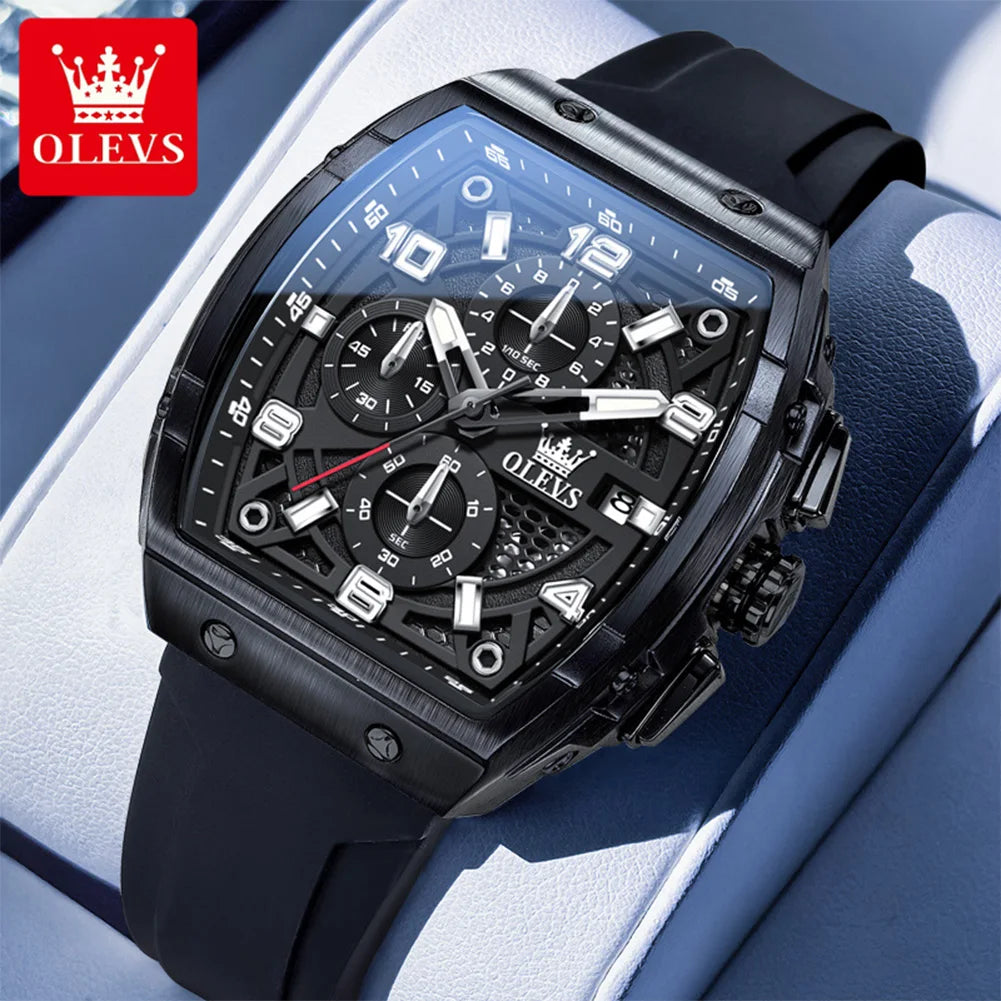 OLEVS 2976 Herrenuhr Chronograph Datum Quarzuhr für Herren Ziffernskala Tonneau Großes Zifferblatt Wasserdichtes Silikonarmband Armbanduhr