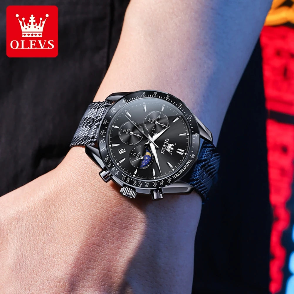 OLEVS 3630 Quarz Herrenuhr Datum Chronograph 24-Stunden-Mondphase Wasserdichte Uhr für Herren Mode Nylonarmband Original Armbanduhr