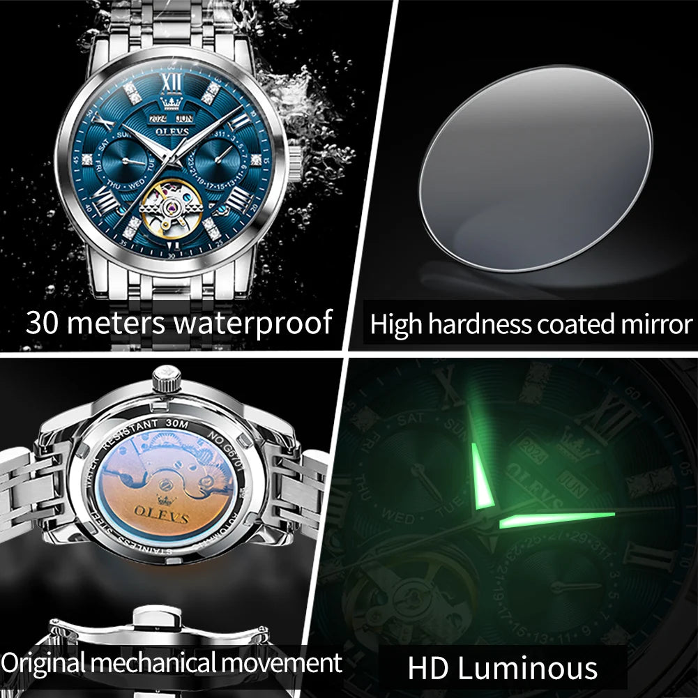 OLEVS 6701 Man Watches Top Brand Original Auto Date Mechanical Watch For Men Hollow Waterproof Stainless Steel Male Hand Clock