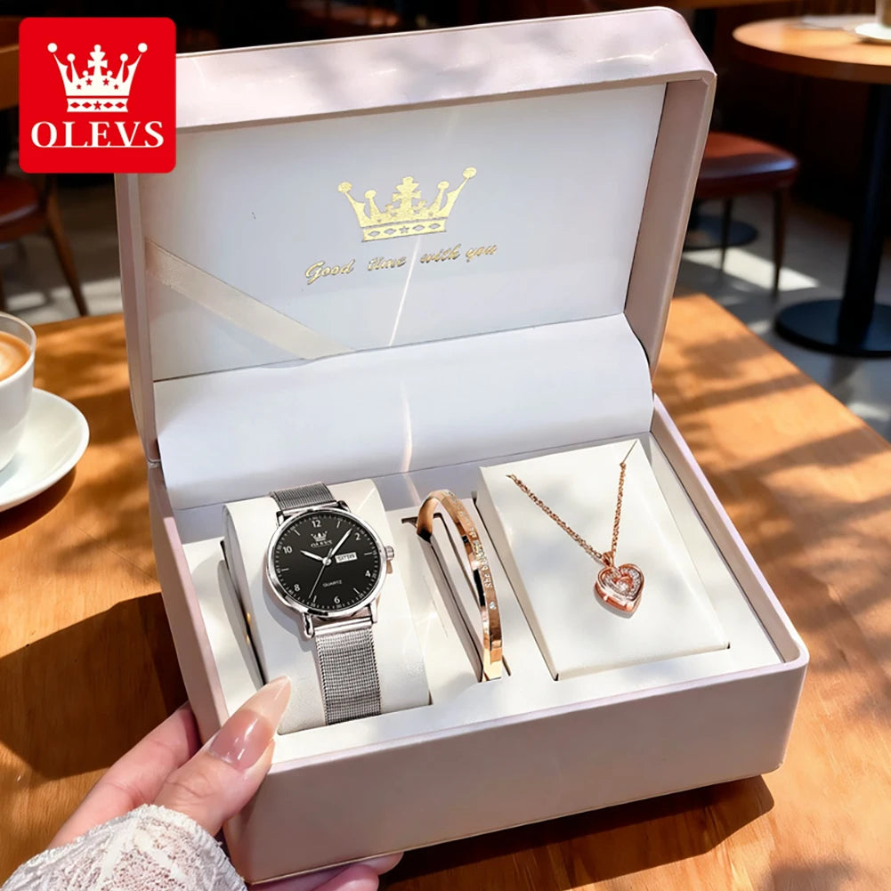 OLEVS 2996 Damenuhren Original Elegante schmale Quarzuhr Wasserdicht Dual-Kalenderanzeige Uhren für Damen Geschenkbox Reloj