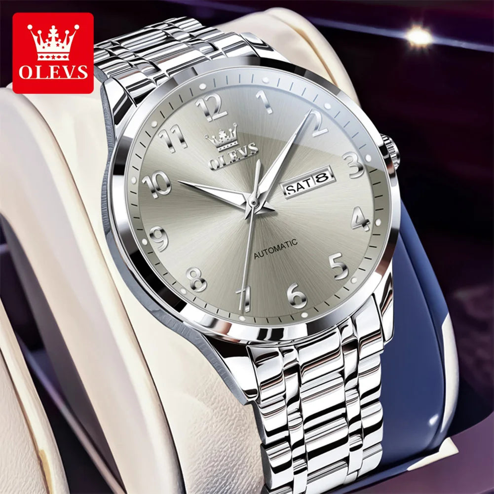 OLEVS 7078 Man Automatic Watch Top Brand Dual Calendar Mechanical Watch For Men Number Scale Business Hand Clock Steel Strap