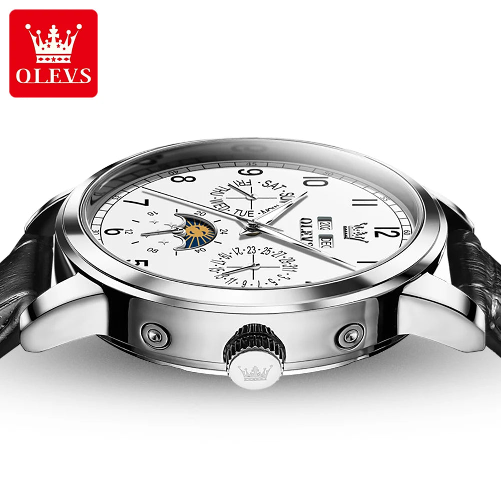 OLEVS 6698 Men Automatic Watch Number Scale Moon Phase Mechanical Watch For Men 42mm Big Dial Waterproof Leather Male Hand Clock