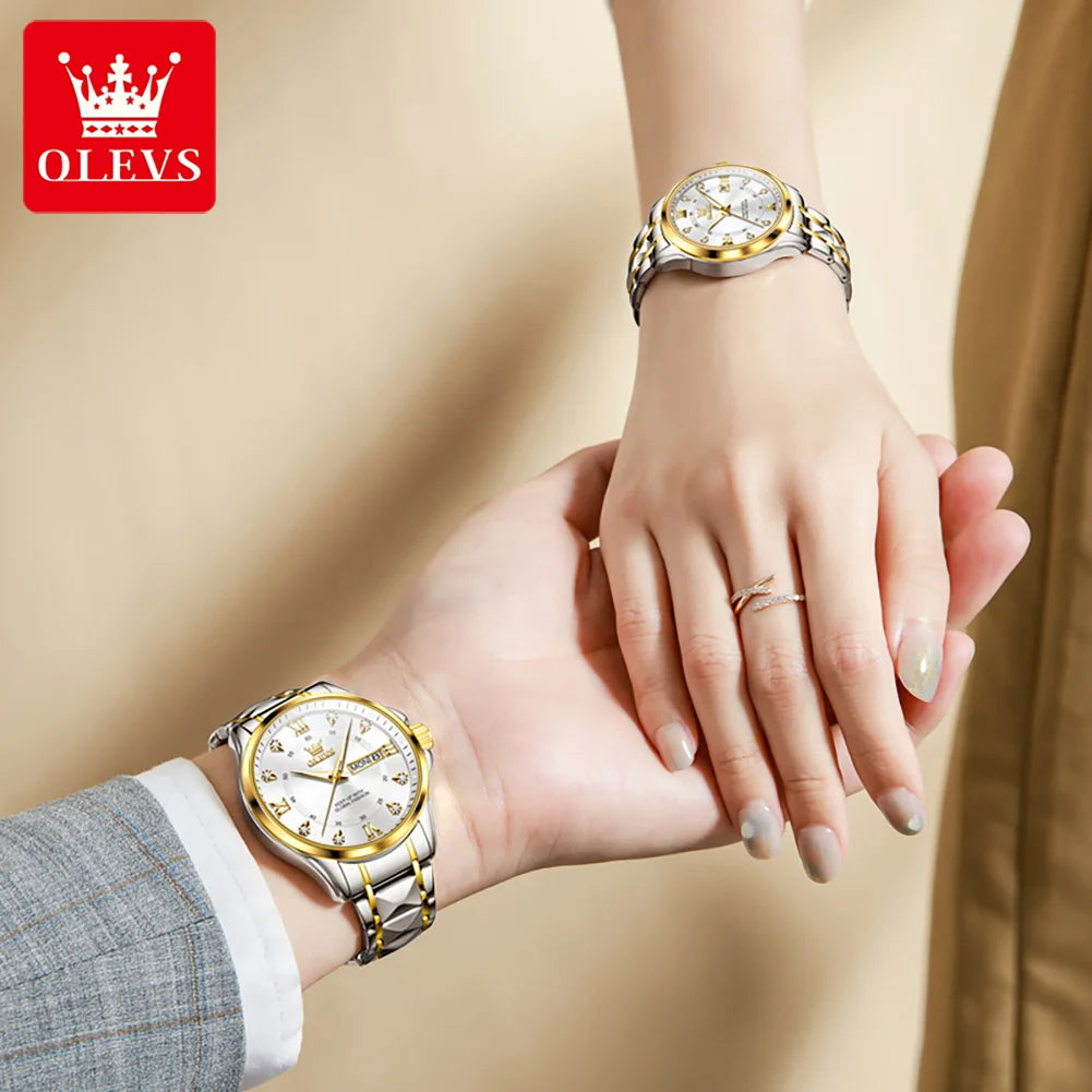 OLEVS 2906 Paar-Armbanduhr Original Römisches Zifferblatt Diamantenbesatz Luxus Quarz Uhr Für Herren Damen Rhombus Armband Wasserdicht Zeigeruhr