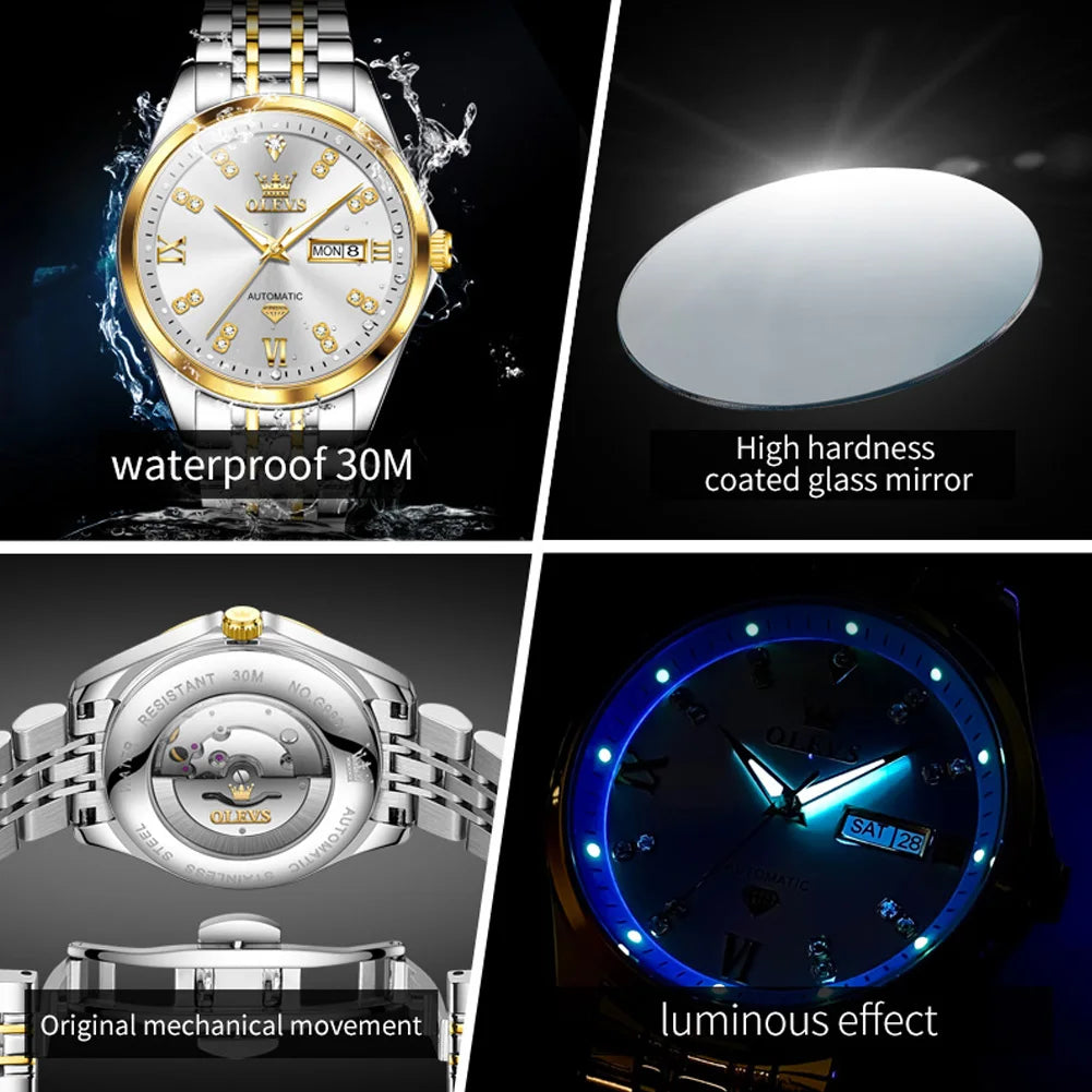 OLEVS 9801 Men Watch Waterproof Dual Calendar Luxury Mechanical Watch For Men Diamond Scale Stainless Steel Automatic Hand Clock