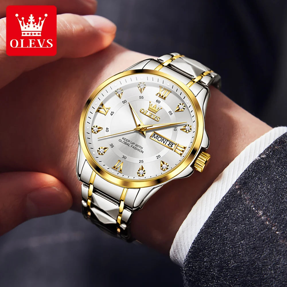 OLEVS 2906 Paar-Armbanduhr Original Römisches Zifferblatt Diamantenbesatz Luxus Quarz Uhr Für Herren Damen Rhombus Armband Wasserdicht Zeigeruhr