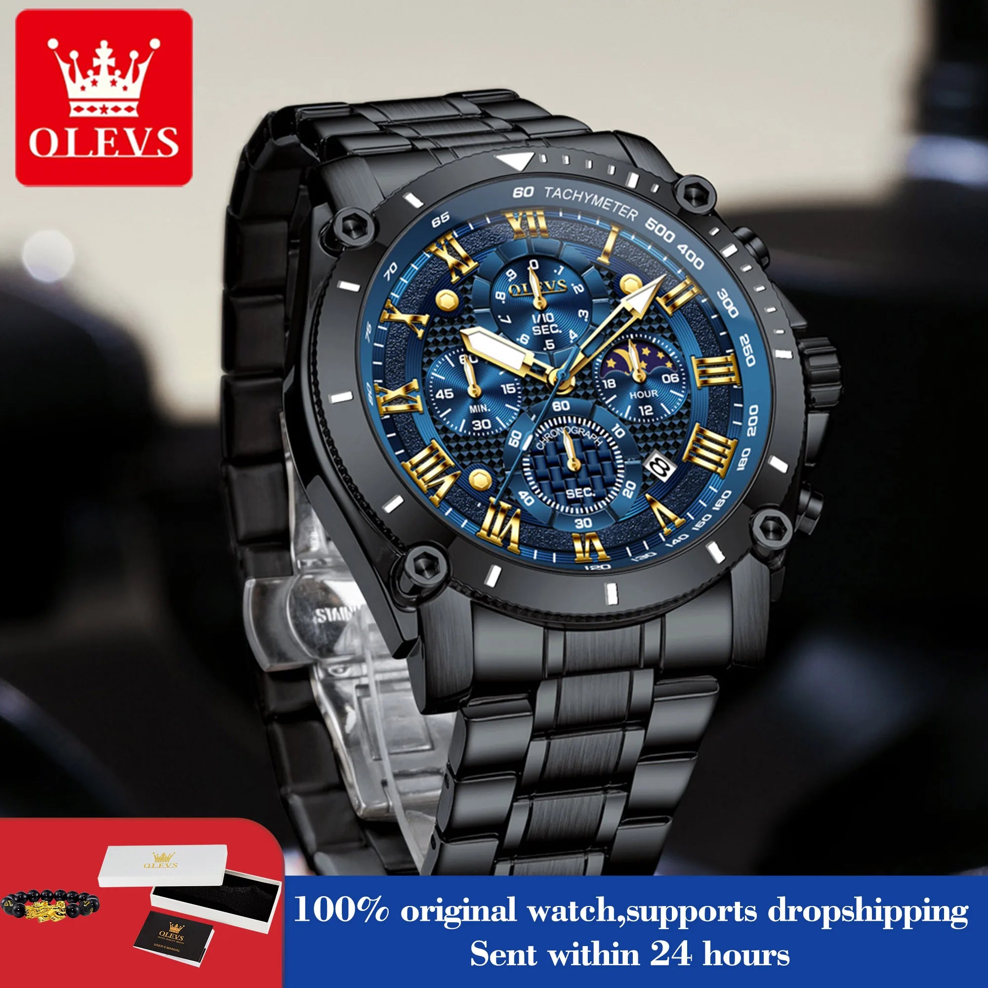 OLEVS 3689 Quarzuhr Herren Mode Original 47mm Großes Zifferblatt Römische Skala Mondphase Uhr Für Herren Kalender Wasserdicht Armbanduhr