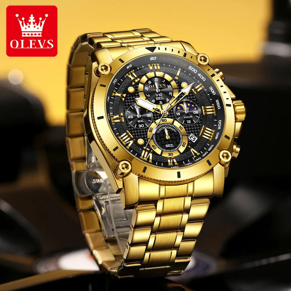 OLEVS 3689 Quarzuhr Herren Mode Original 47mm Großes Zifferblatt Römische Skala Mondphase Uhr Für Herren Kalender Wasserdicht Armbanduhr