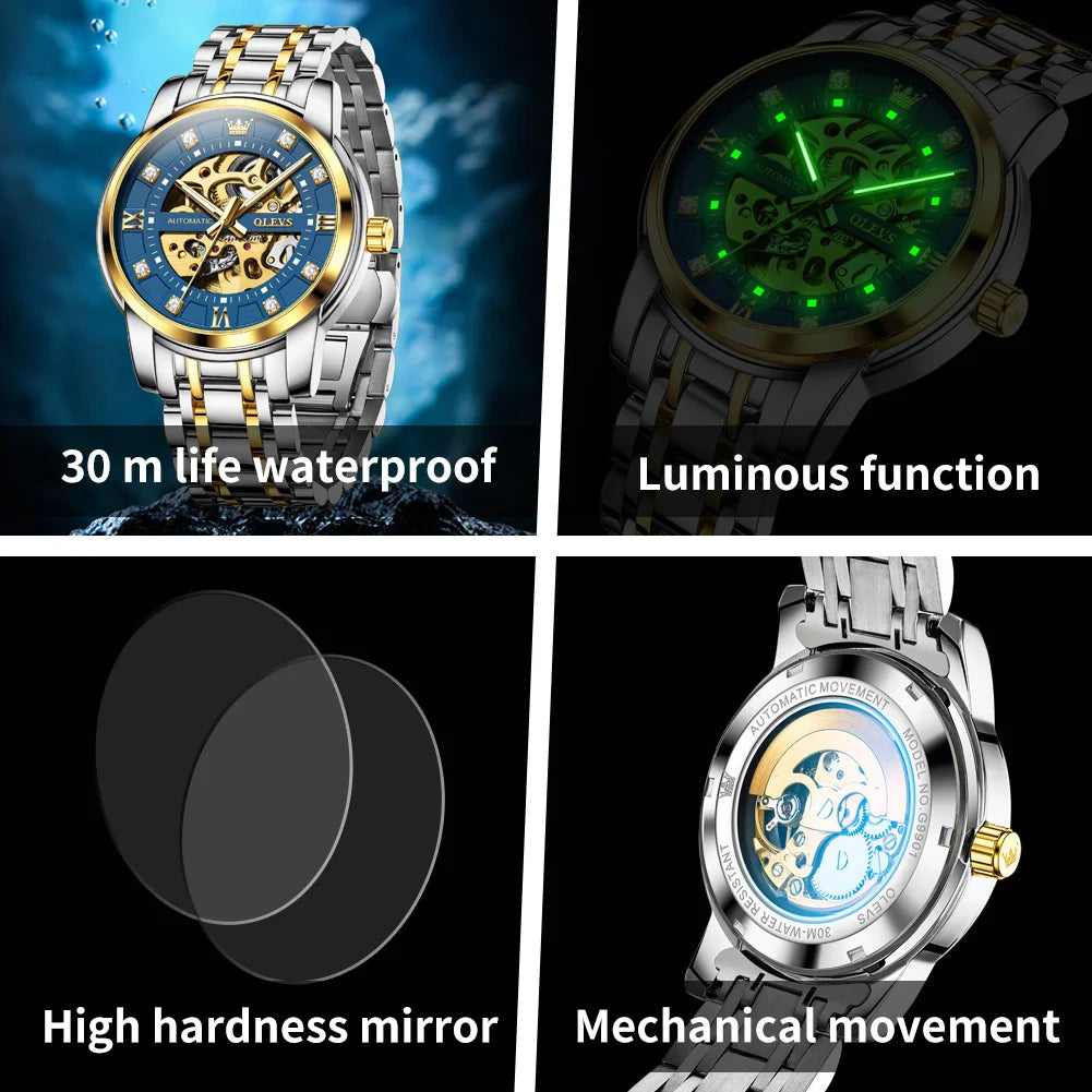 OLEVS 9901 Mens Watch Skeleton Mechanical Watches For Man Waterproof Luminous Man Dress Hand Clock Original Luxury Brand