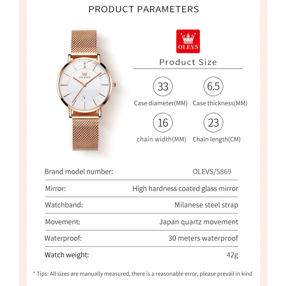 OLEVS Kadın Saati Japon Kuvars Mekanizma 6.5mm Kasa Kalınlığı Su Geçirmez Kadın Kol Saati Takvim Moda Elbise Kol Saati