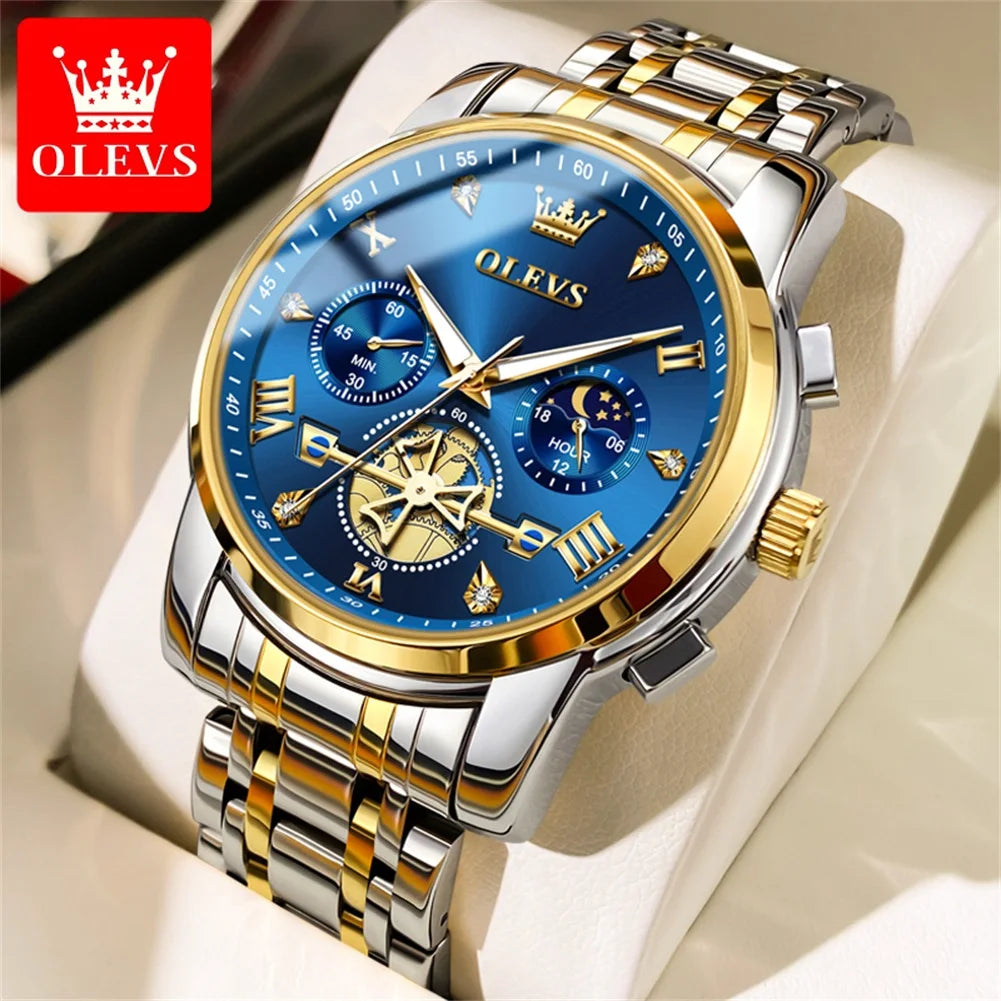 OLEVS 42mm Big Dial Watch For Men Moon Phase 24 Hour Display Waterproof Quartz Man Wrist Watches Original Luxury Hand Clock 2856