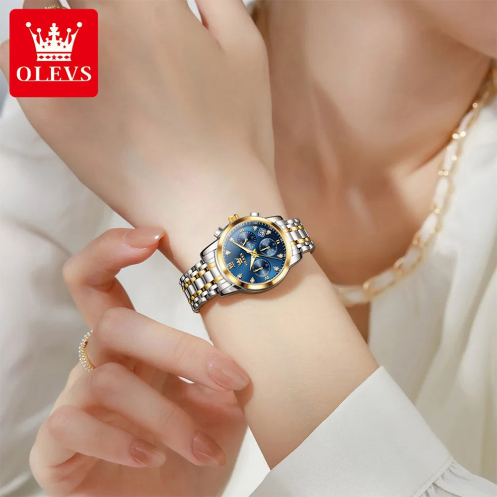 OLEVS 2858 Damenuhr Luxus Wasserdichte Datumsquarzuhr für Damen Diamantskala Chronograph Business Handuhr Stahlarmband
