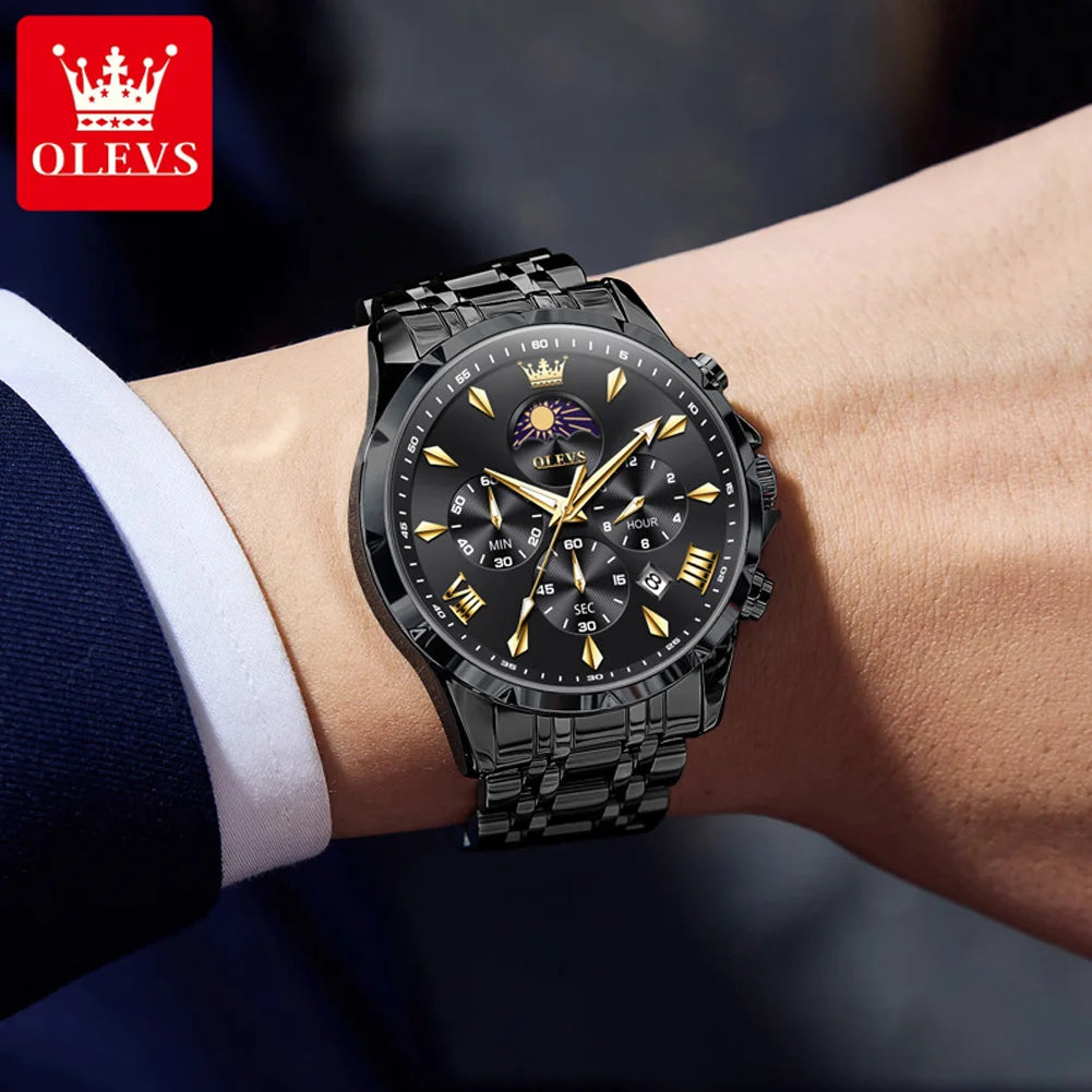 OLEVS 3653 Herrenuhr Original Chronograph Quarz Armbanduhr Stahlband Mondphase Datum Wasserdicht Top Marke Herrenuhr