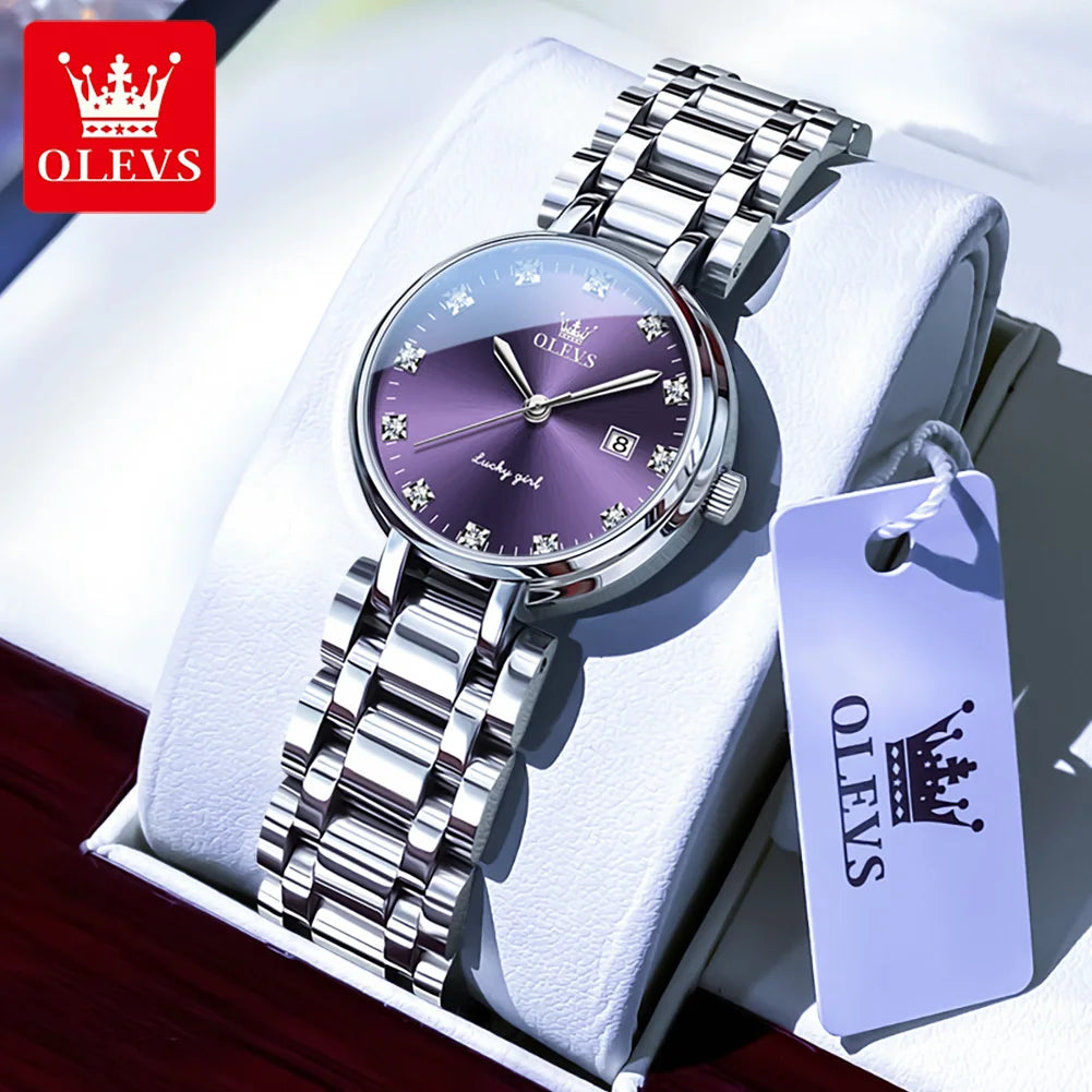 OLEVS 5575 Schlichte Mode-Quarzuhr für Damen mit Kalenderanzeige, Edelstahl, wasserdicht, luxuriöse Damenuhr