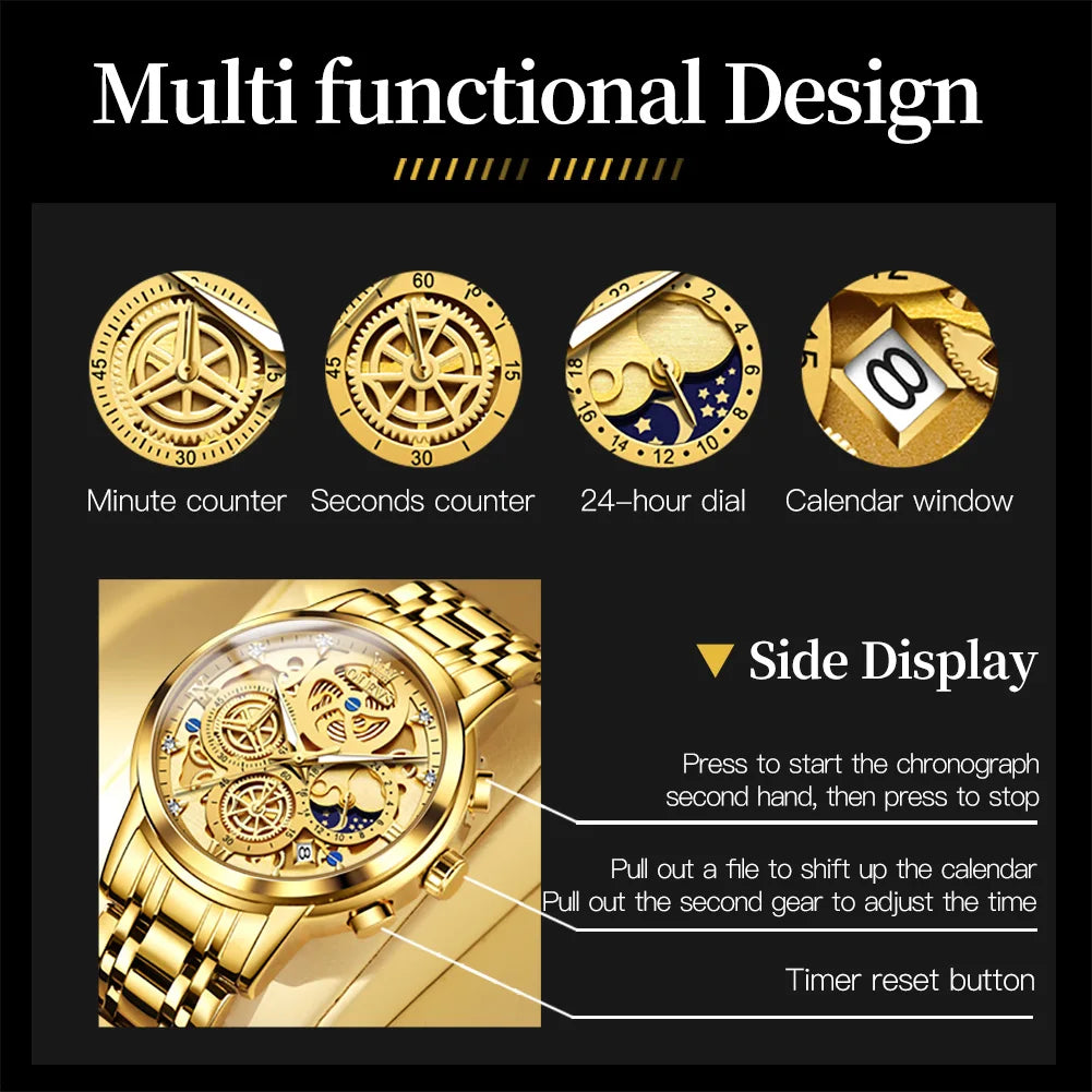 OLEVS 9947 Original Classic Skeleton Quartz Watches For Man Brand Waterproof Stainless Steel Calendar Man Hand Clock Male Watch